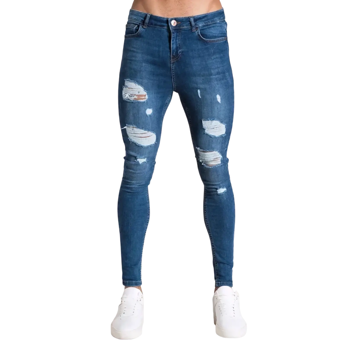 Men light blue distressed ripped denim jeans with torn patches on thighs and knees for casual wear