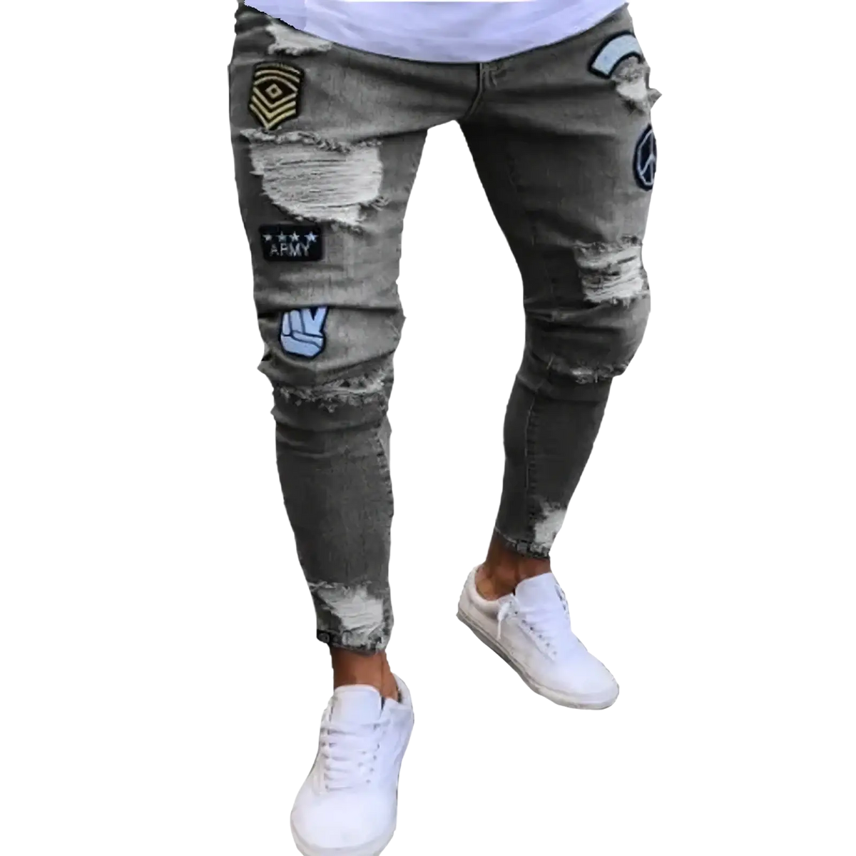 Distressed dark gray skinny jeans with military style patches and peace symbol for men casual wear
