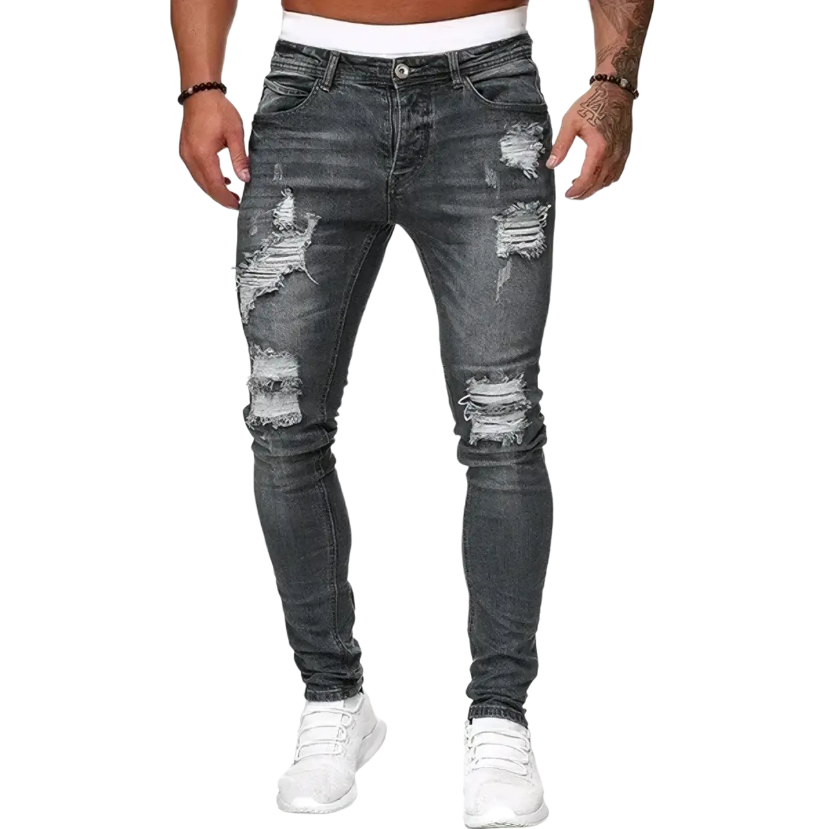 Men slim fit dark gray distressed denim jeans with ripped knee patches for casual wear