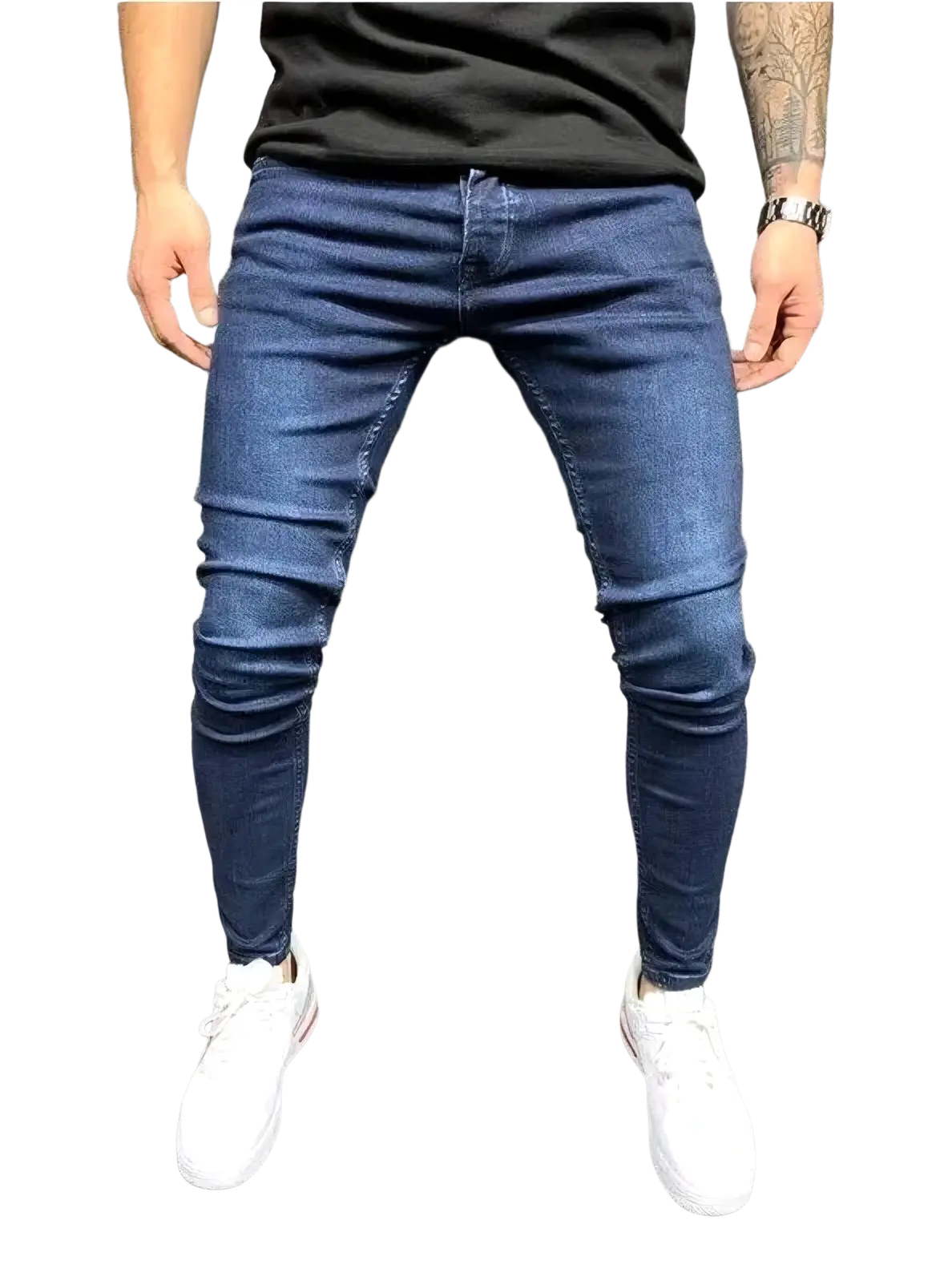 Men light blue distressed ripped jeans in denim with slim fit five-pocket design and subtle thigh fading