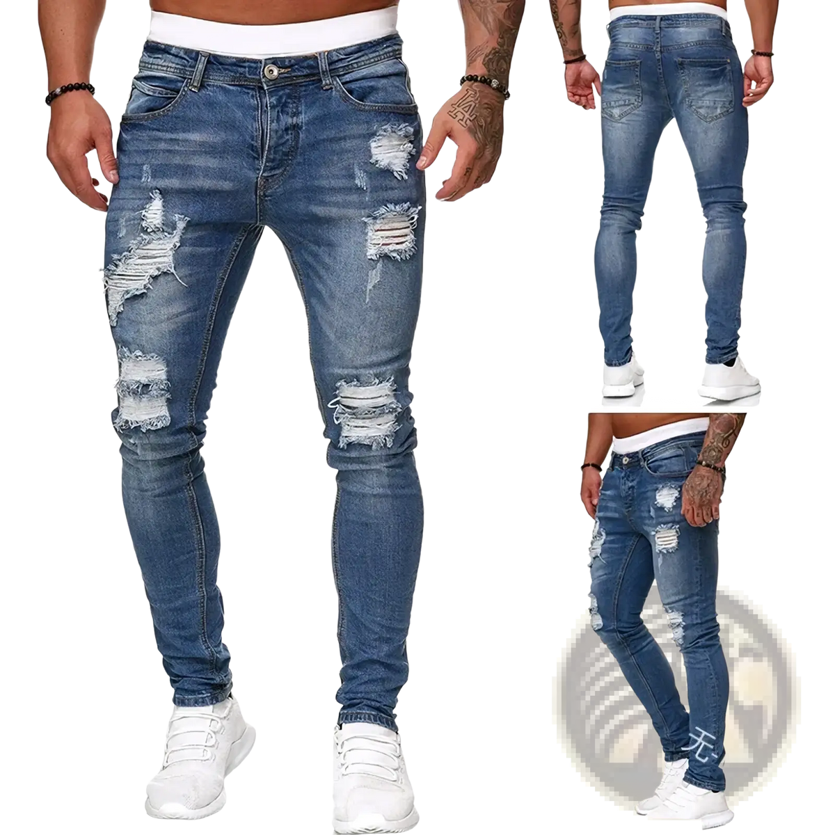 Men light blue distressed ripped jeans in slim fit with ripped knee details for casual wear in denim material