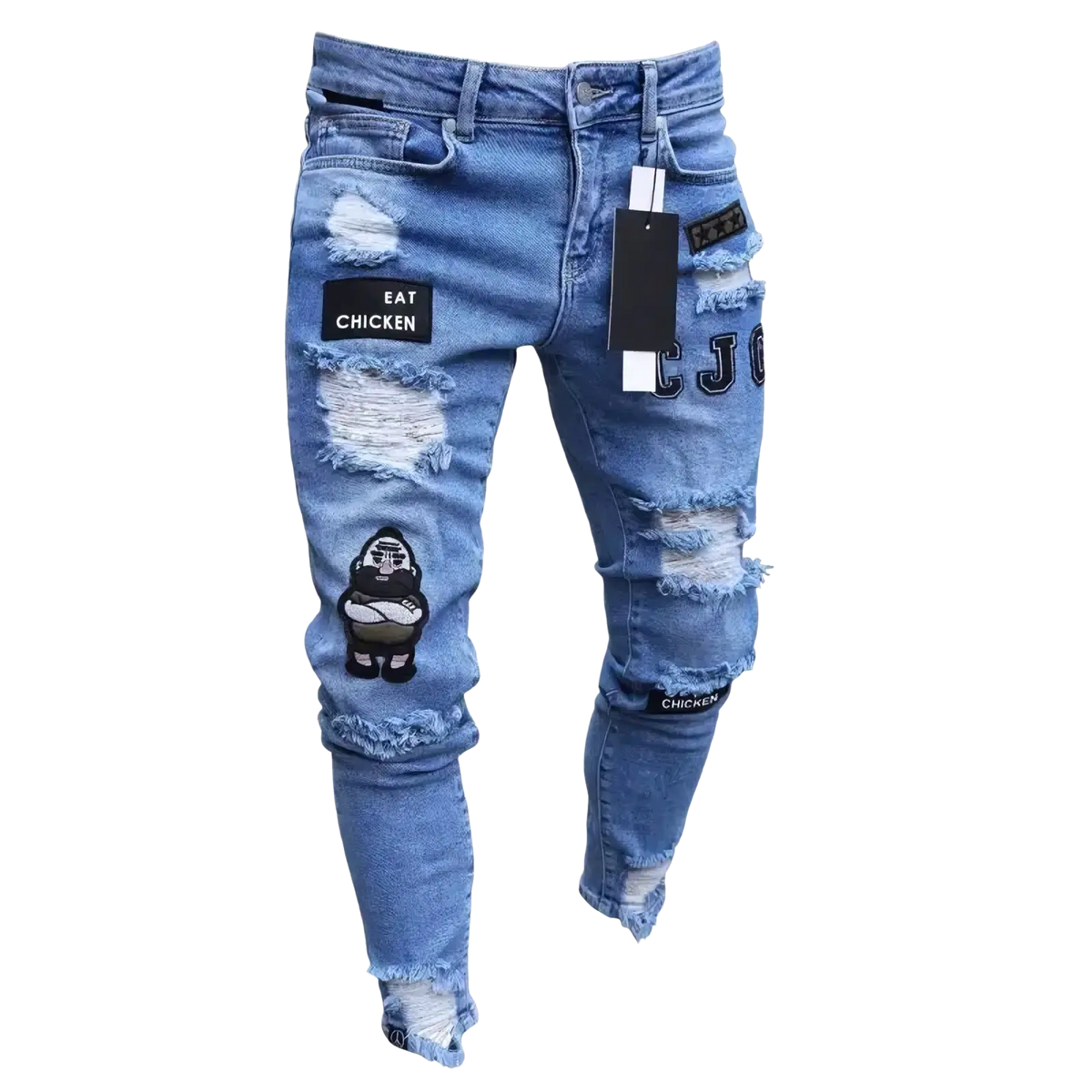Men light blue distressed denim jeans with ripped knees and cartoon and embroidered patches for casual wear