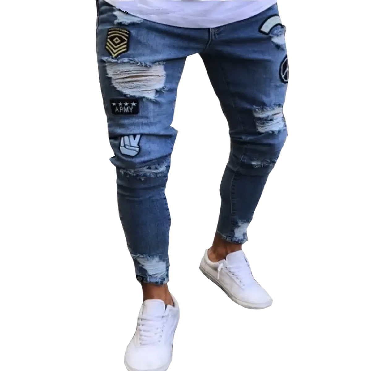 Men light blue distressed ripped denim jeans with frayed hems and patches including army insignia peace symbol and fist design