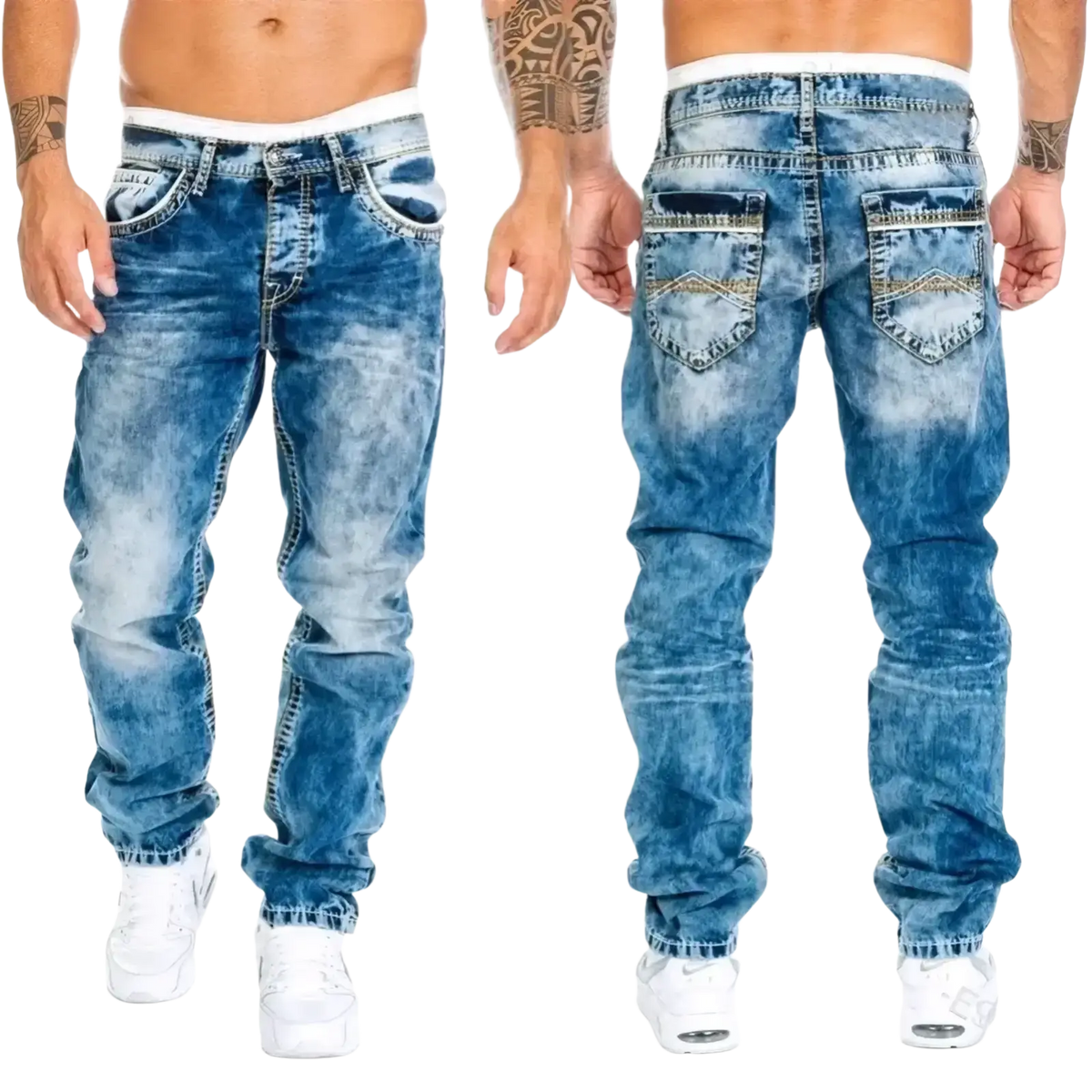 Men light blue distressed ripped jeans showing the back side with faded wash and decorative stitching on pockets