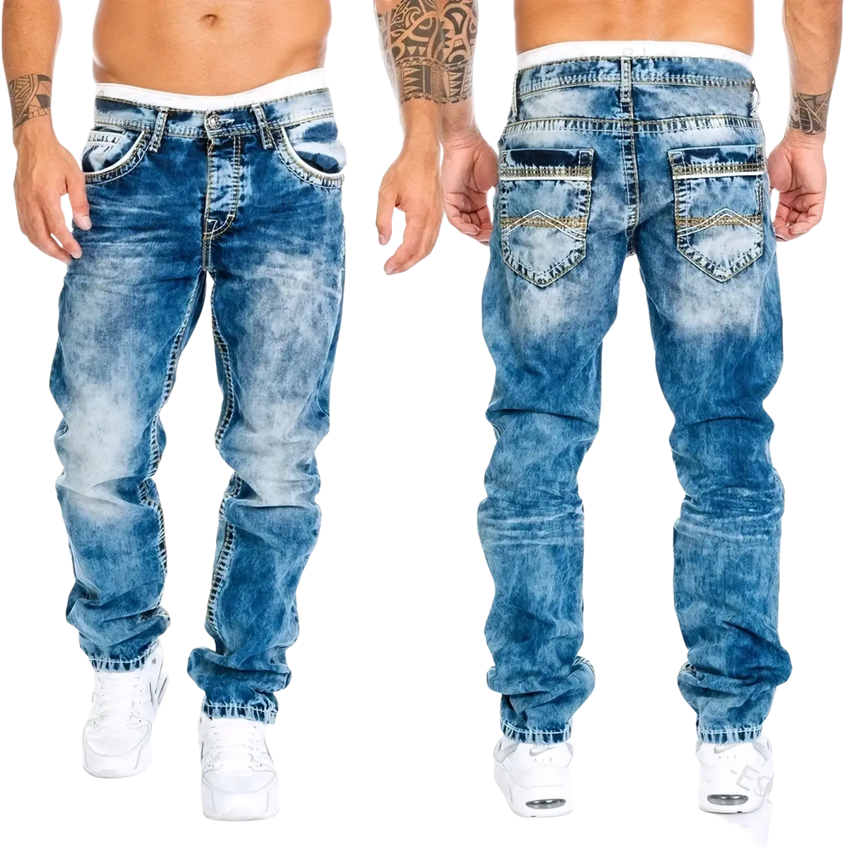 Men light blue distressed ripped jeans showing the back side with faded wash and decorative stitching on denim pockets