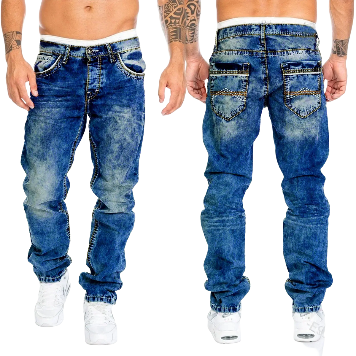 Back side of men light blue distressed ripped jeans in blue denim with faded wash and decorative back pocket stitching