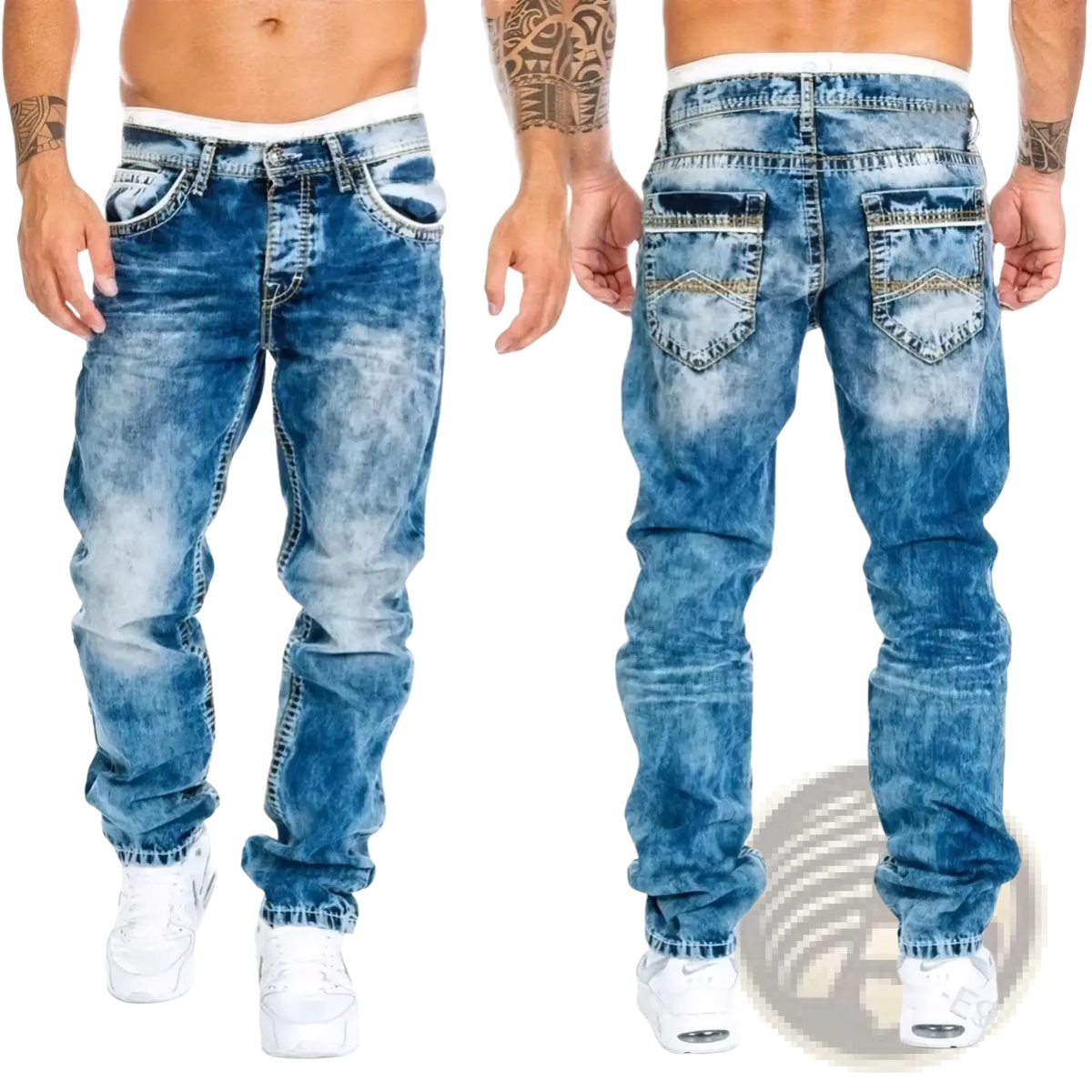 Back side of men light blue distressed ripped denim jeans with faded wash and decorative stitching on pockets