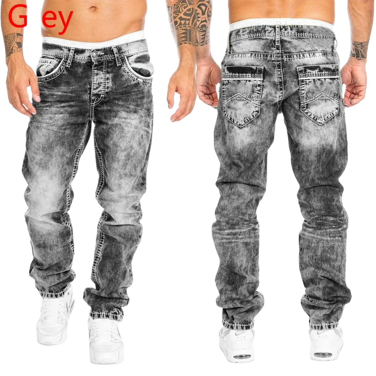 Men light blue distressed ripped jeans made of grey faded denim with a classic five pocket design for casual wear