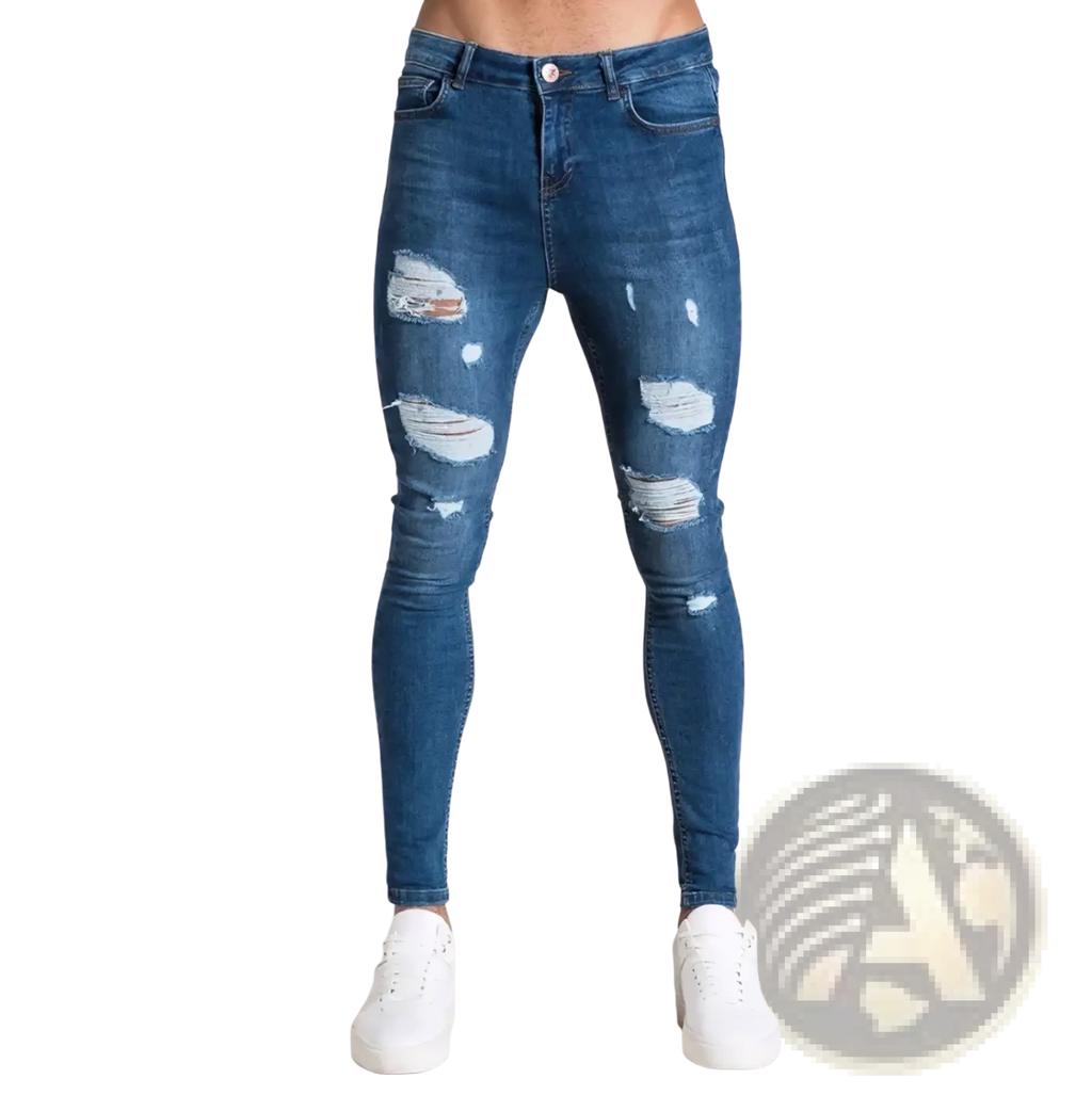 Men light blue distressed ripped denim jeans with torn patches on thighs and knees for casual wear