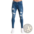 Men light blue distressed ripped denim jeans with torn patches on thighs and knees for casual wear