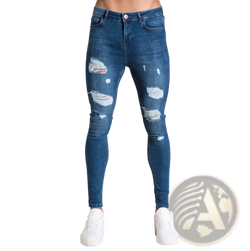 Men light blue distressed ripped denim jeans with torn patches on thighs and knees for casual wear