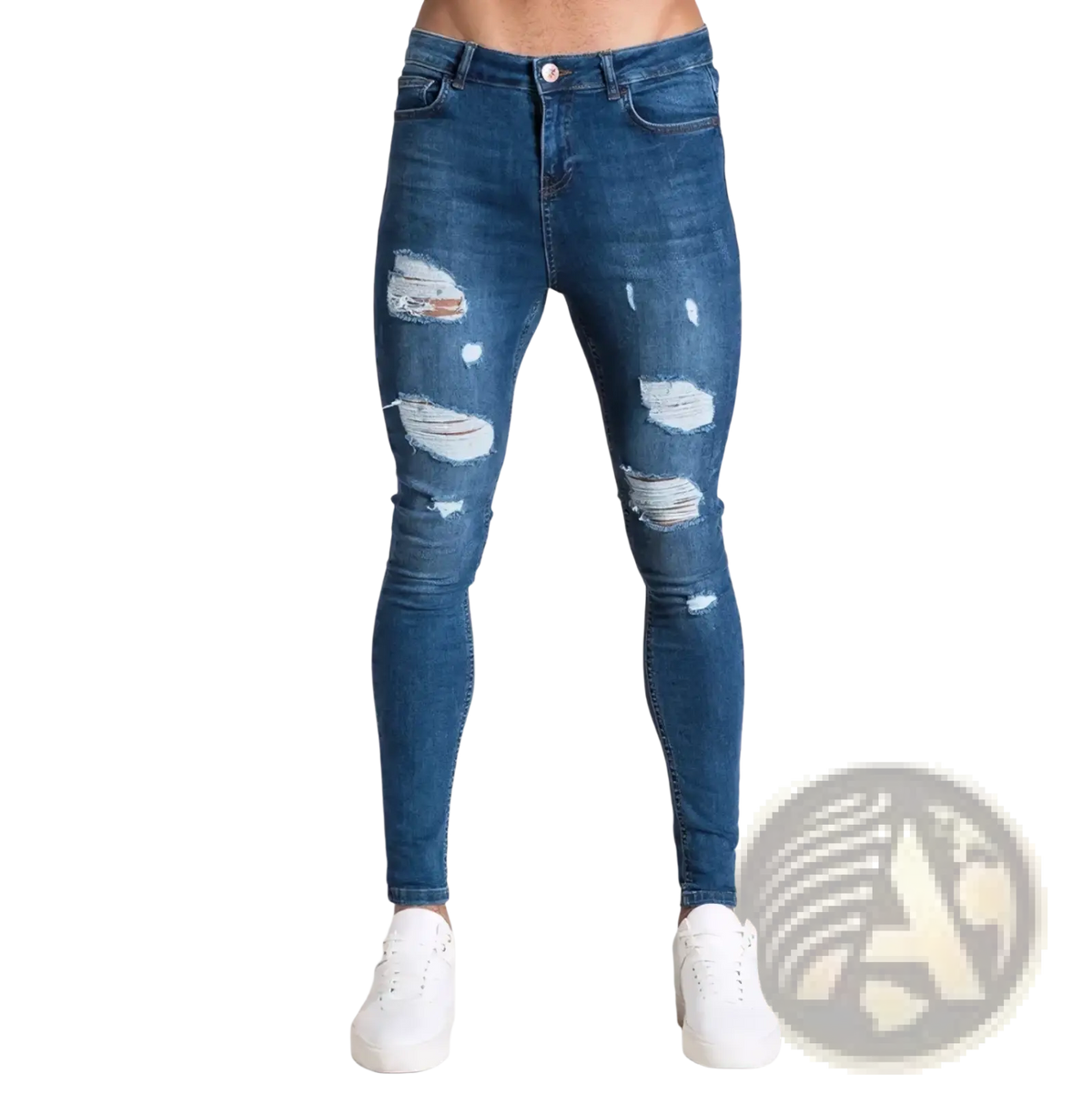 Men light blue distressed ripped denim jeans with torn patches on thighs and knees for casual wear
