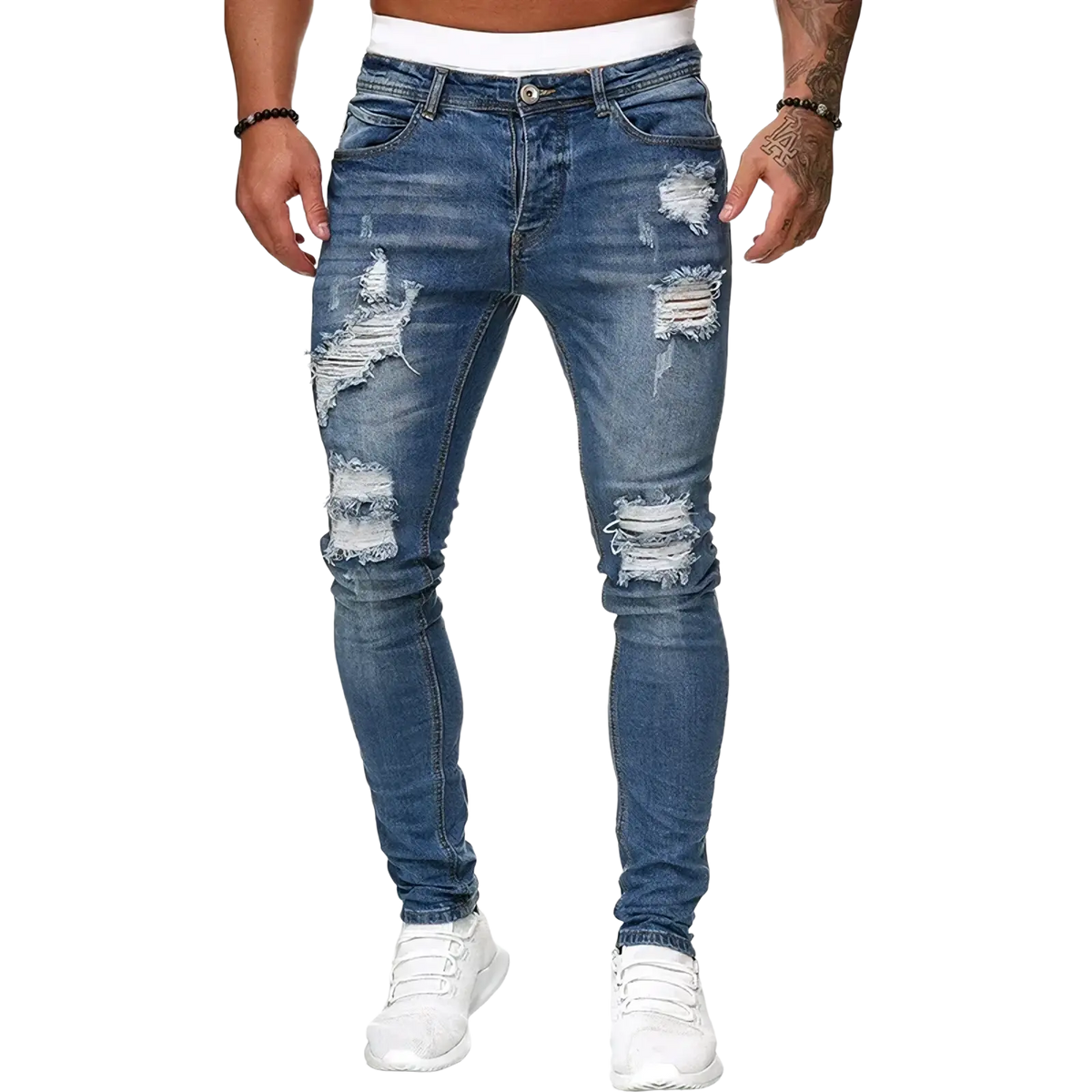 Men light blue distressed skinny jeans made of denim featuring ripped knee details for casual wear