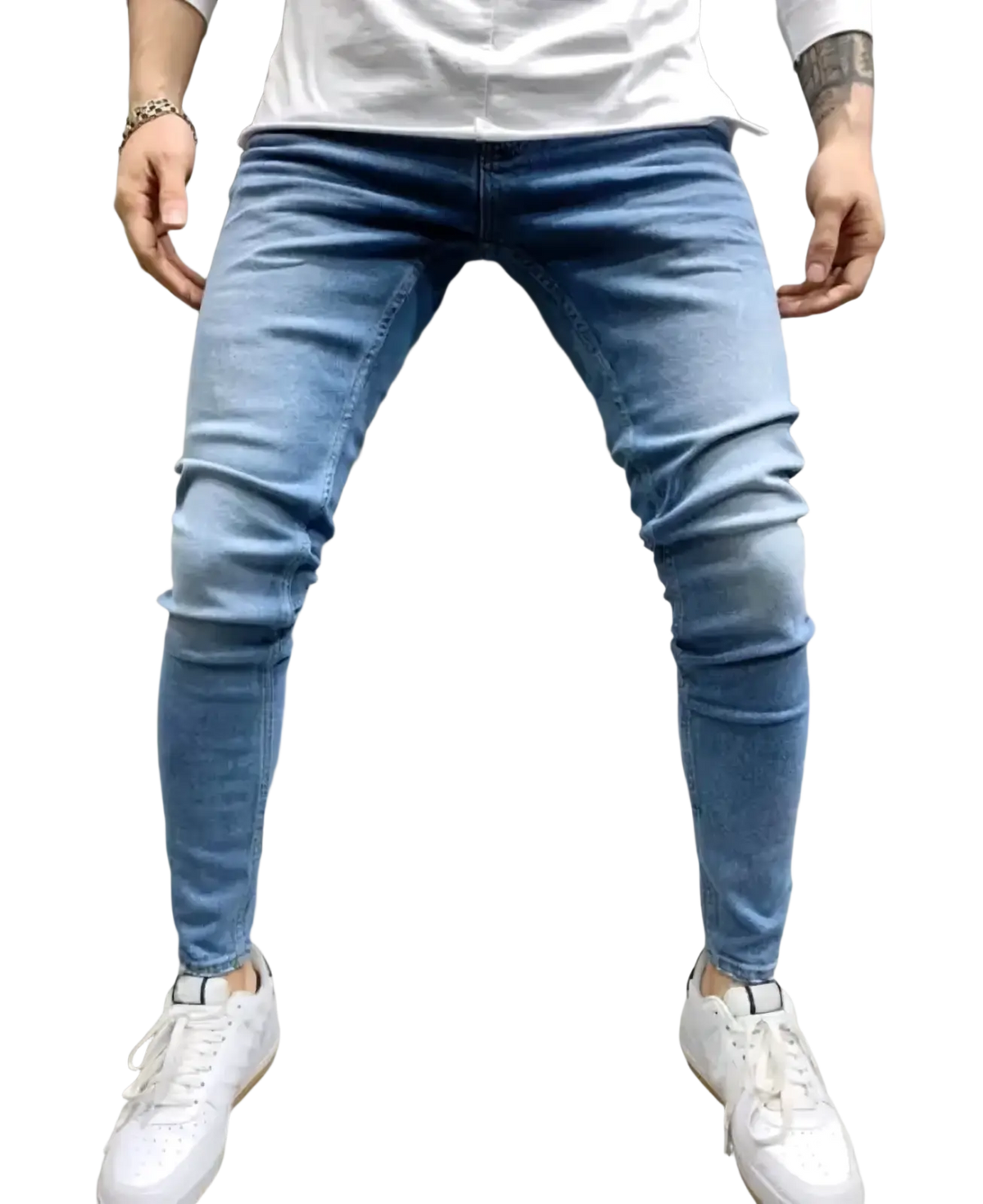 Men light blue distressed ripped light-wash skinny jeans with slim fit and subtle fading for casual wear