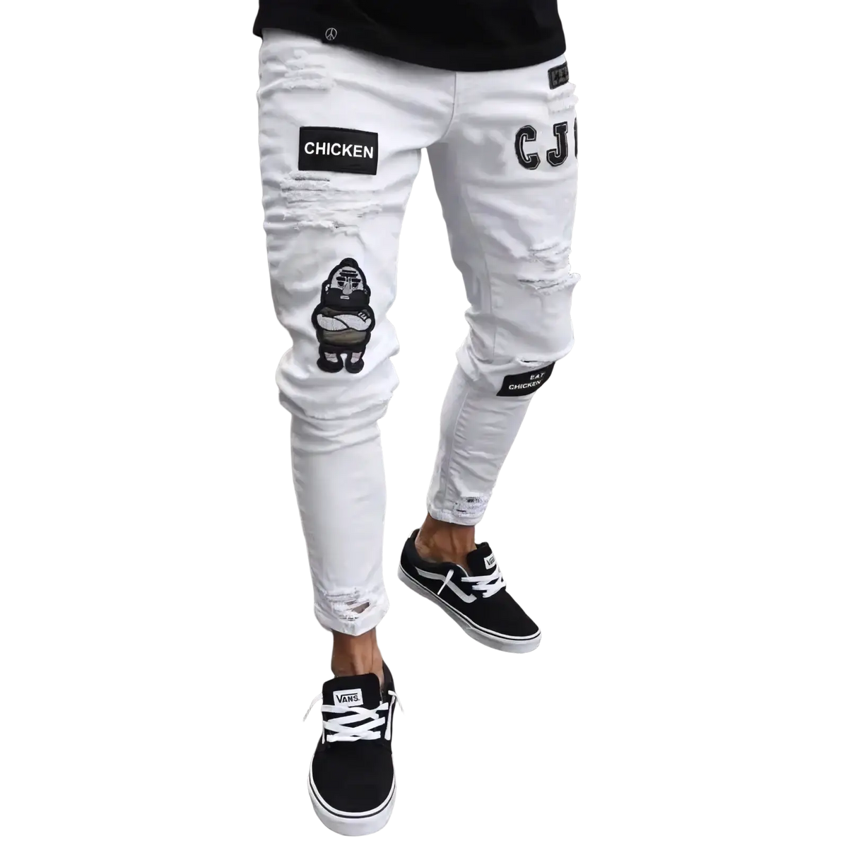 Men light blue distressed ripped jeans with black embroidered chicken patches paired with black vans sneakers