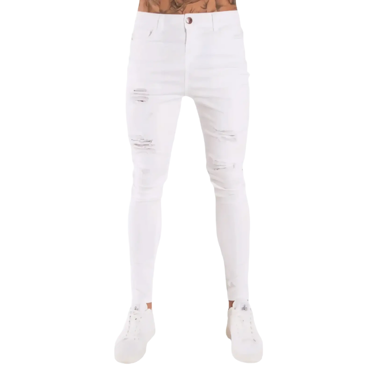Men light blue distressed ripped jeans with slim fit and casual style featuring white distressed skinny details