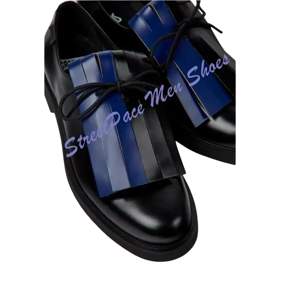Men light blue oxford dress shoes in black leather with bold blue fringed detail across the toe