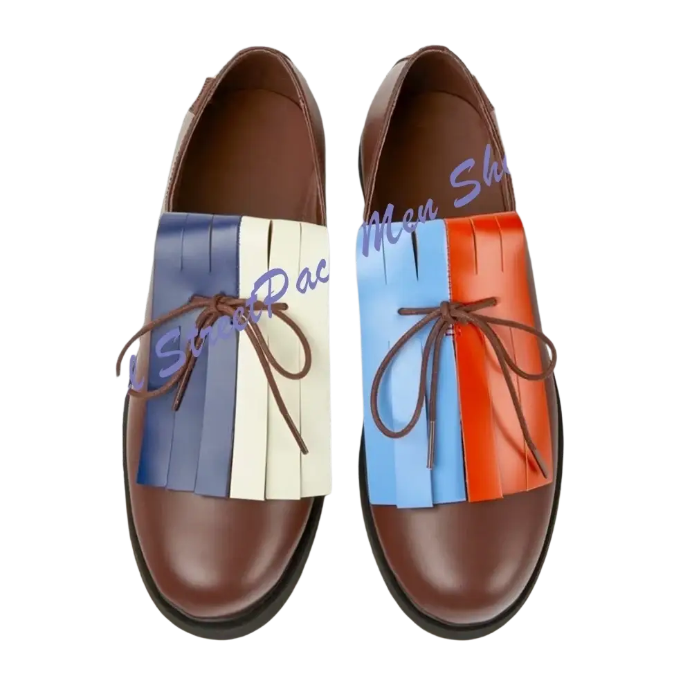 Men light blue oxford dress shoes featuring brown leather lace-up design with blue white and orange colorful fringed accents