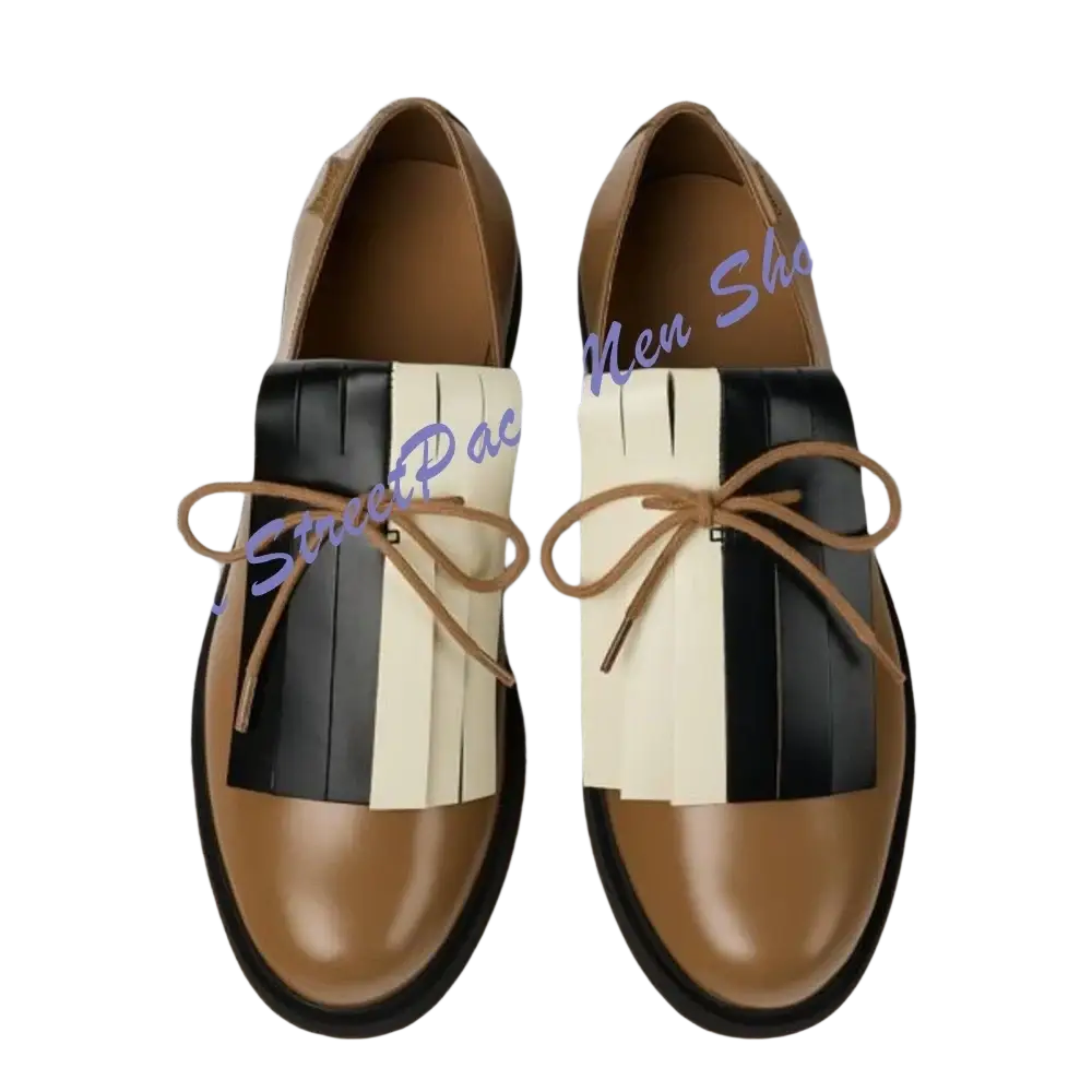 Men light blue oxford dress shoes in brown leather with black and cream fringed accents and tan laces