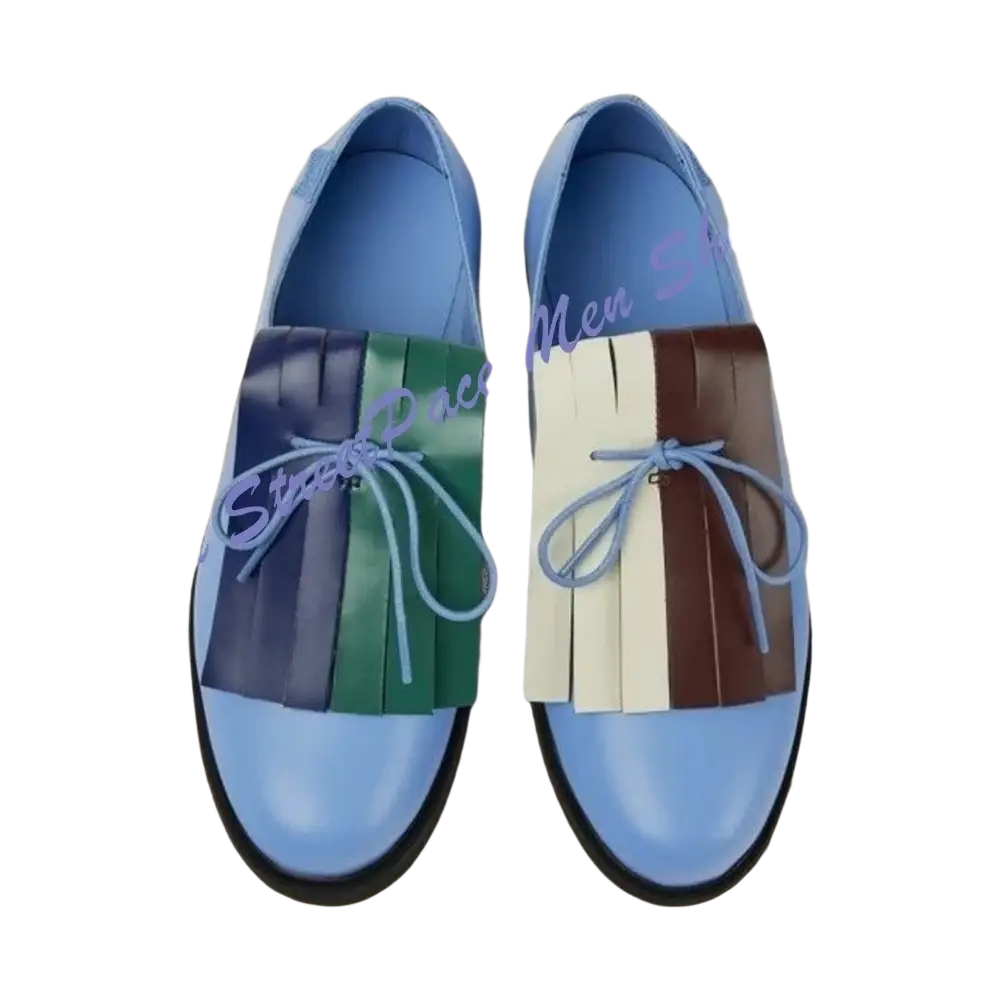 Men light blue oxford dress shoes in leather with a colorful multi-panelled fringed design and matching laces