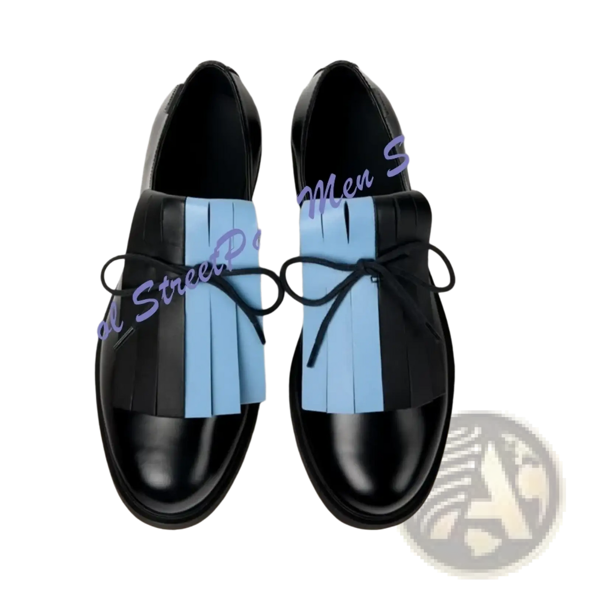 Men light blue oxford dress shoes with black leather lace up design and a fringed panel with bow tie detail