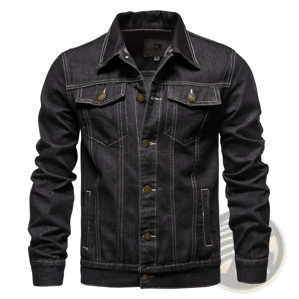 Men light wash slim fit denim jacket in dark wash with brass buttons and contrasting white stitching
