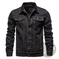 Men light wash slim fit denim jacket in dark wash with brass buttons and contrasting white stitching