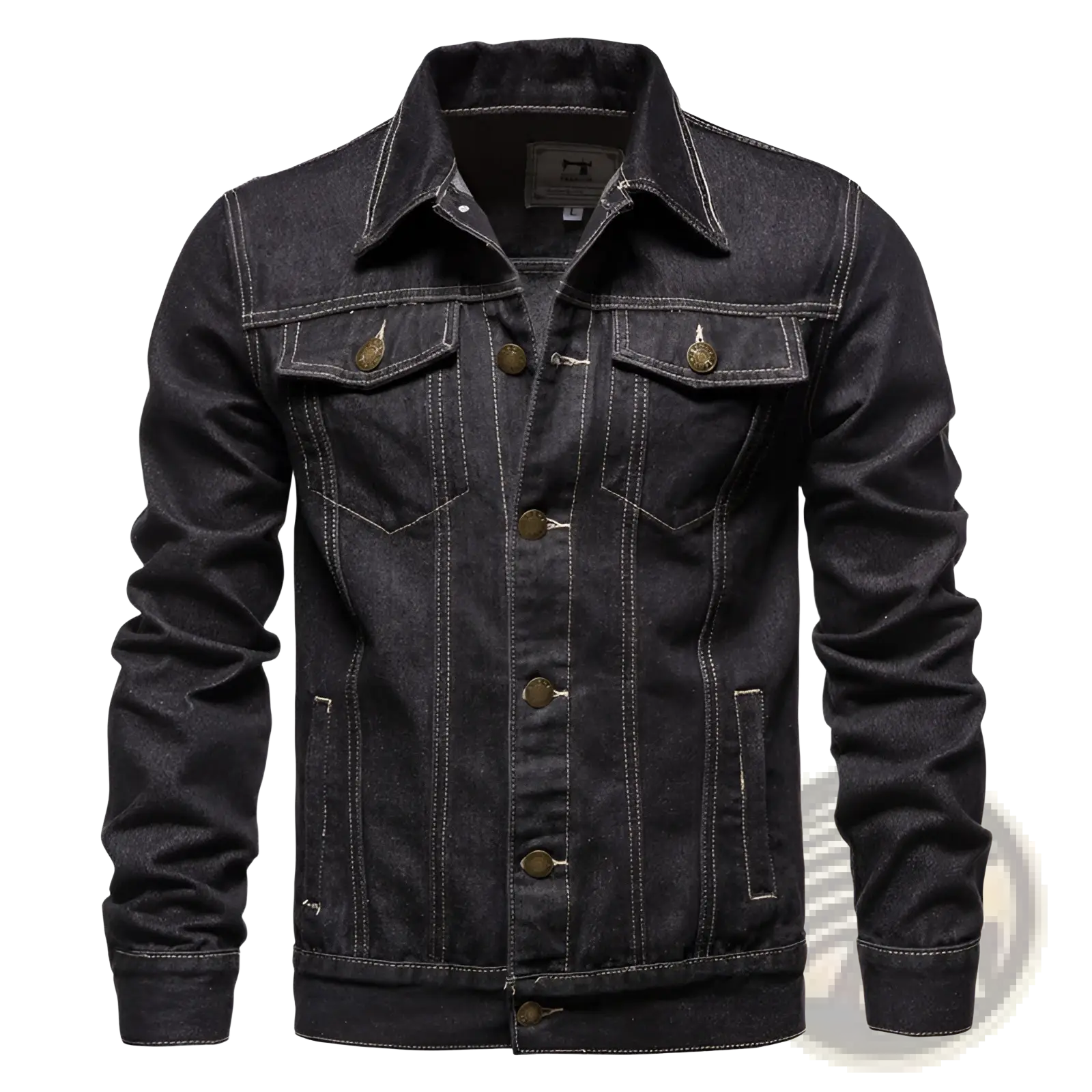 Men light wash slim fit denim jacket in dark wash with brass buttons and contrasting white stitching