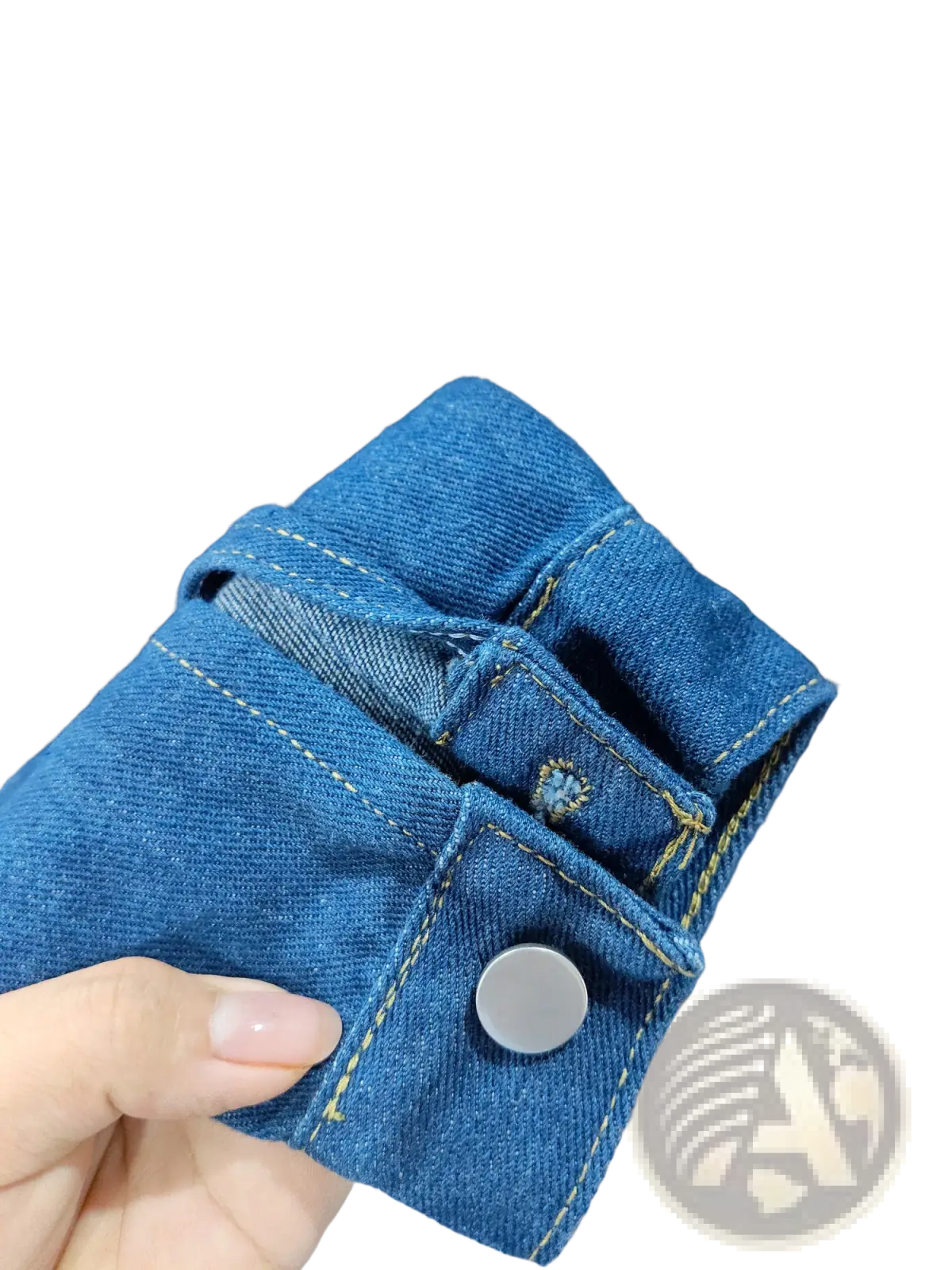 Men light wash slim fit denim jacket cuff in blue denim with yellow stitching and a silver button detail