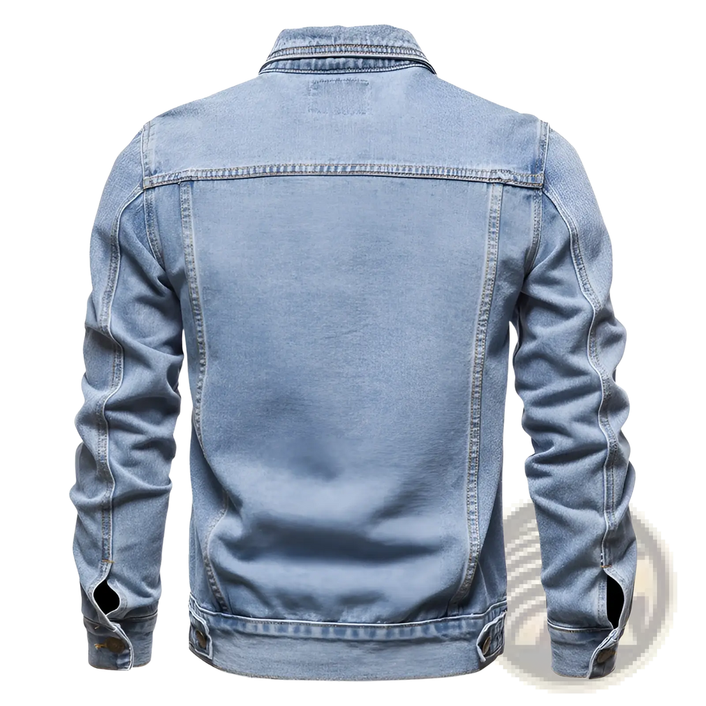 Men light wash slim fit denim jacket featuring classic stitching and buttoned cuffs in durable denim material