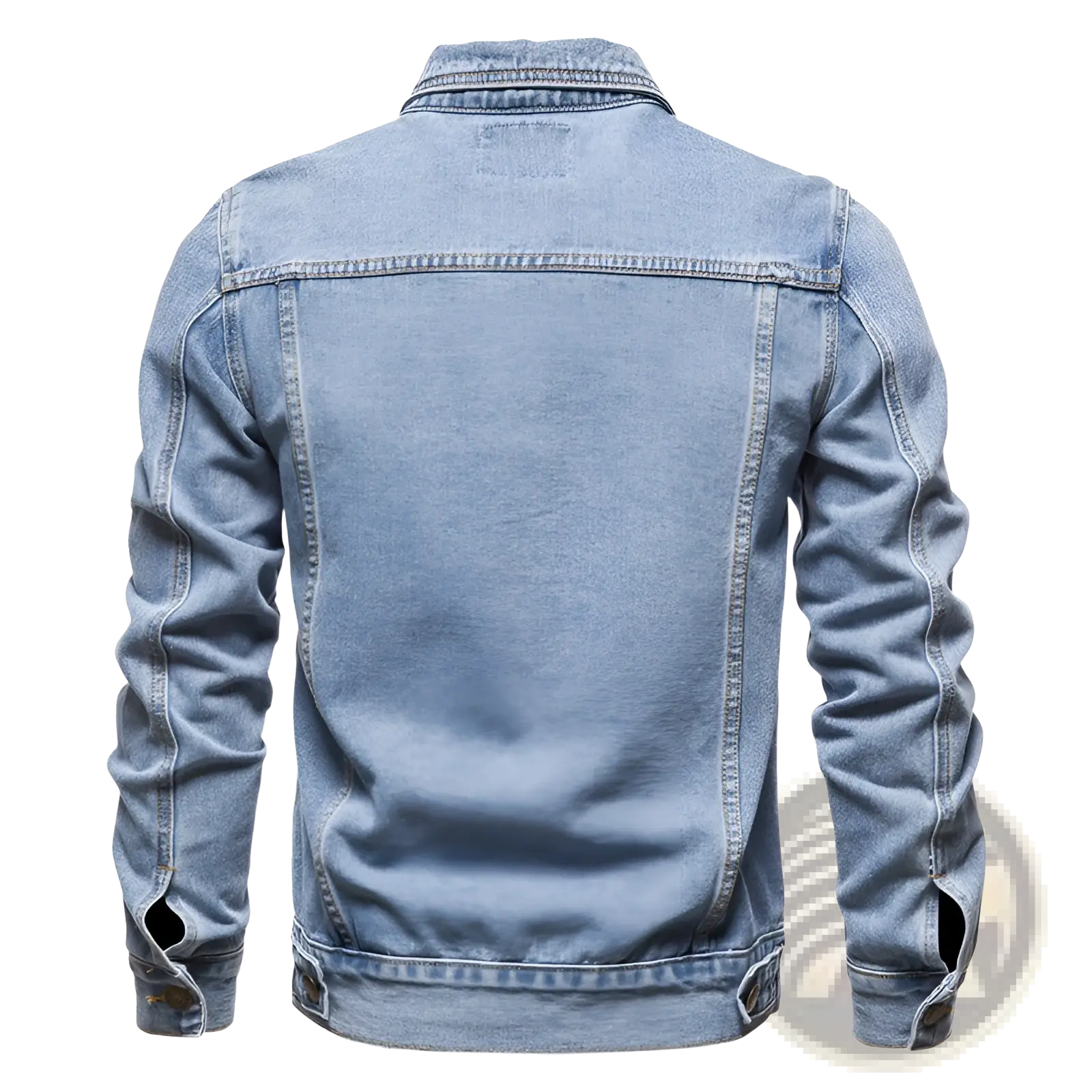 Men light wash slim fit denim jacket featuring classic stitching and buttoned cuffs in durable denim material