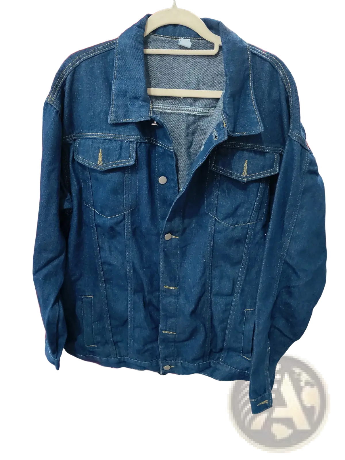 Men light wash slim fit denim jacket in classic dark blue with button-up front and two chest pockets on wooden hanger