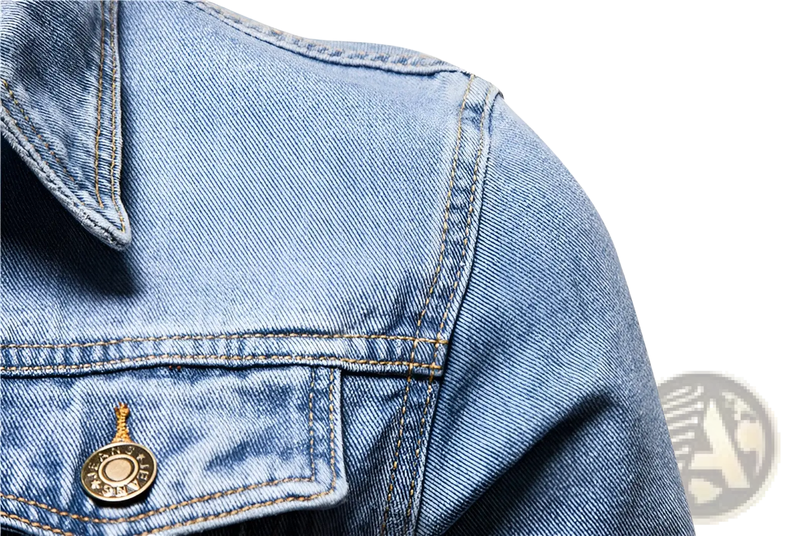 Men light wash slim fit denim jacket featuring gold toned circular buttons and contrasting stitching on light denim material