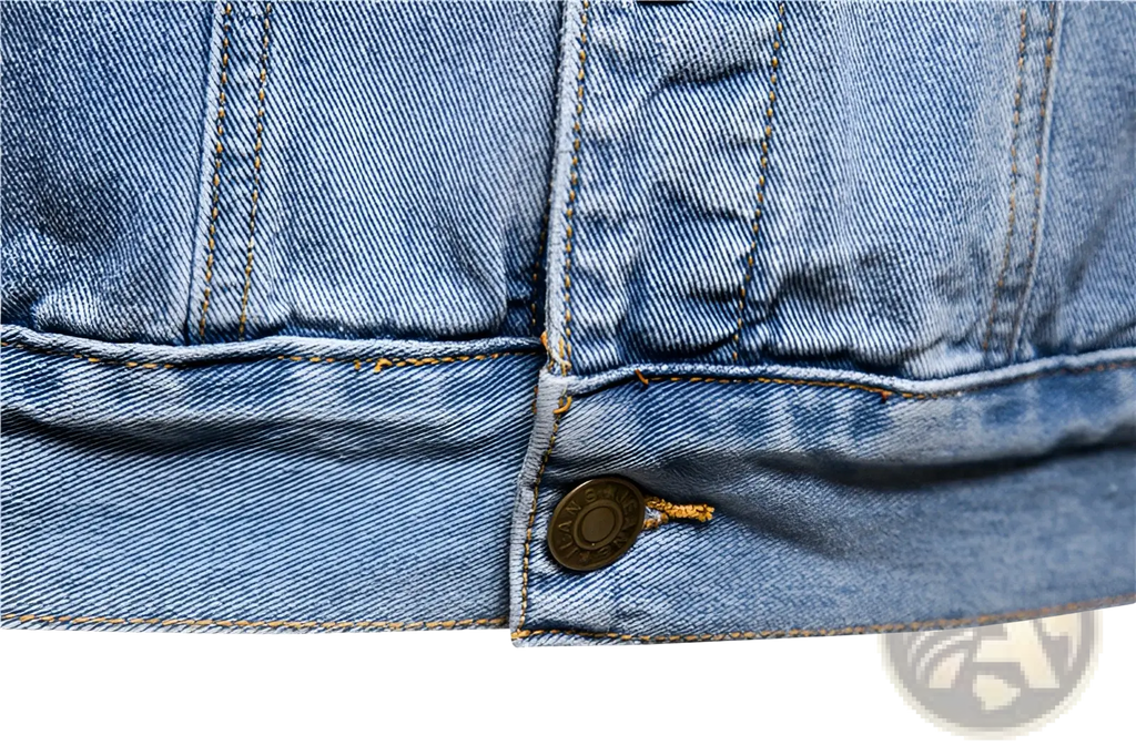 Men light wash slim fit denim jacket with vintage style brass buttons and contrasting stitching on light denim fabric