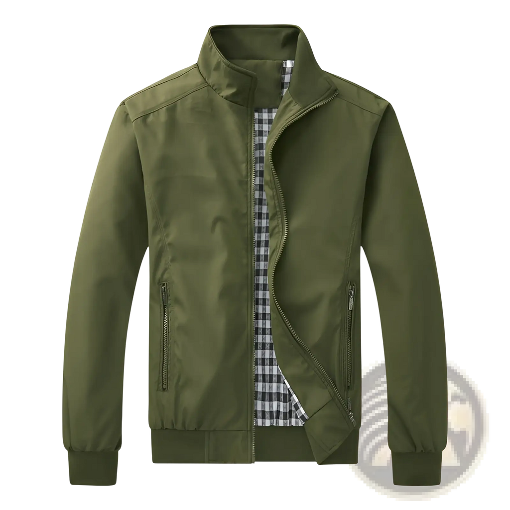 Men lightweight olive green nylon bomber jacket with zipper and plaid inner lining for casual wear