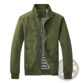 Men lightweight olive green nylon bomber jacket with zipper and plaid inner lining for casual wear