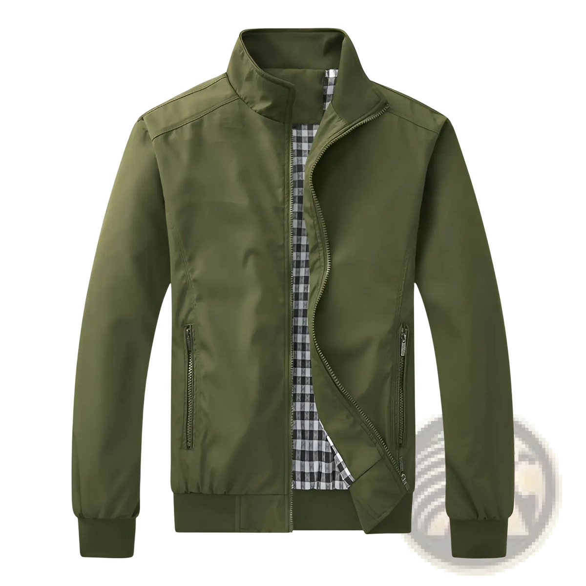Men lightweight olive green nylon bomber jacket with zipper and plaid inner lining for casual wear