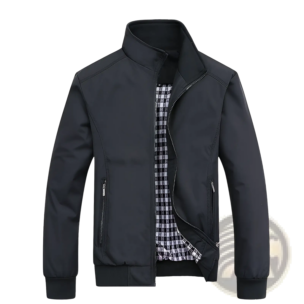 Men lightweight black nylon bomber jacket with high collar zipper pockets and plaid lining showing checkered shirt underneath