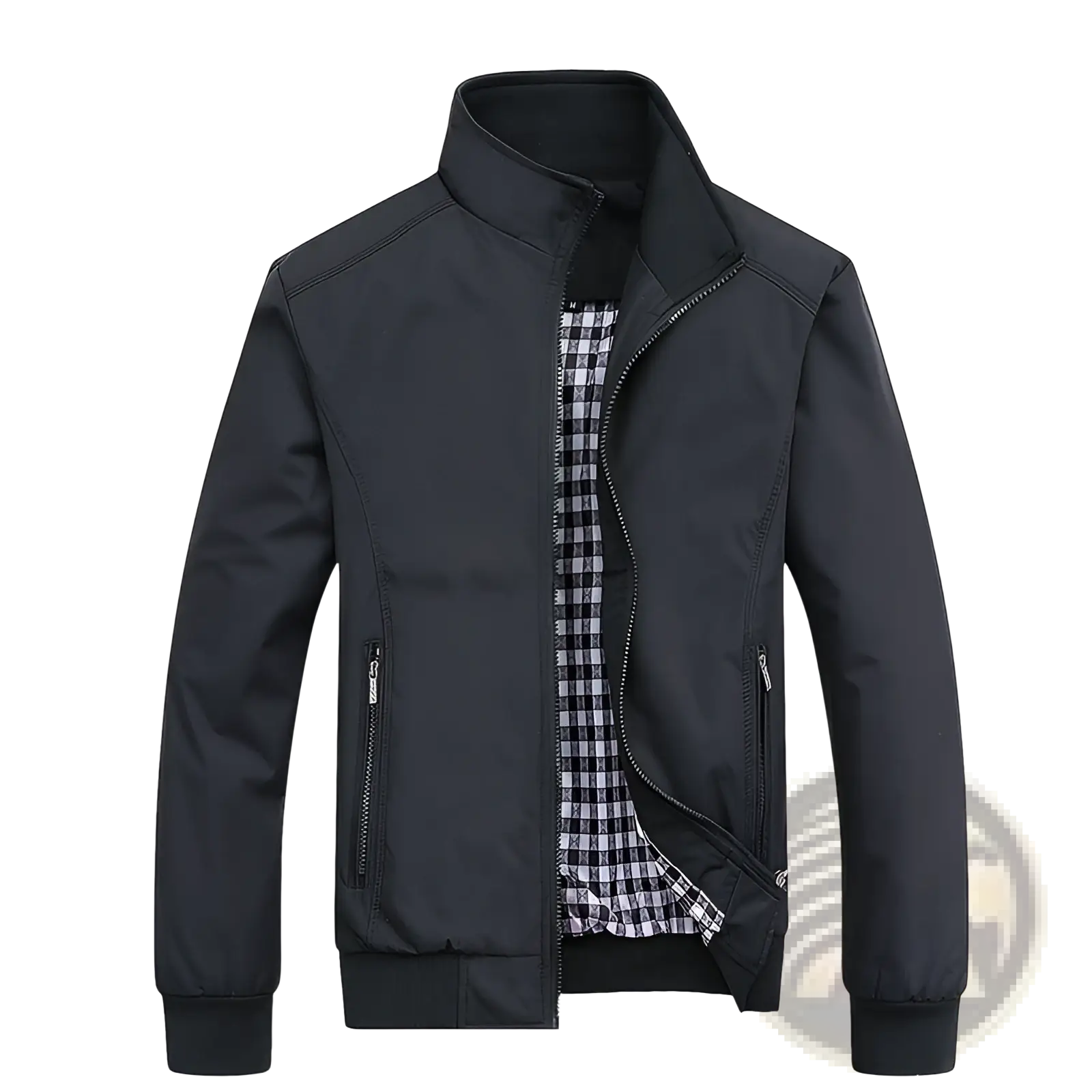 Men lightweight black nylon bomber jacket with high collar zipper pockets and plaid lining showing checkered shirt underneath