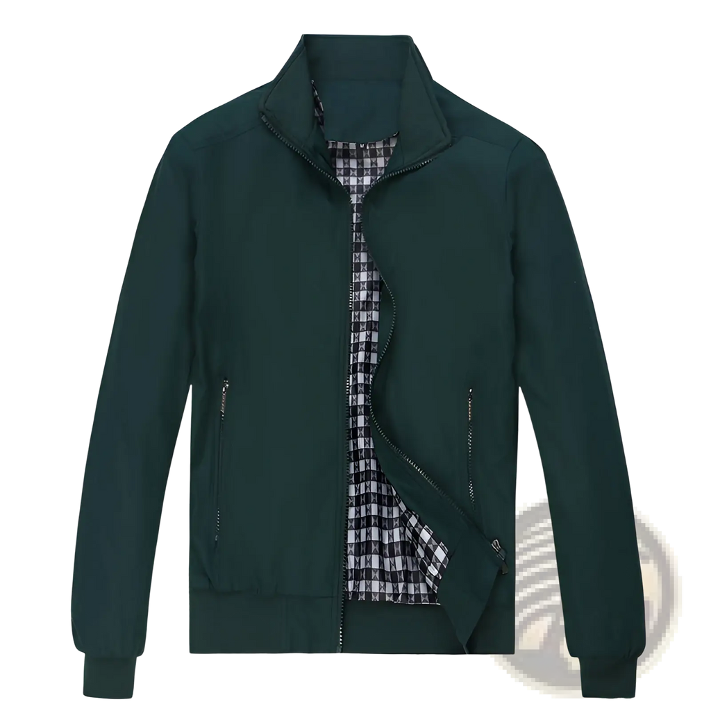 Men lightweight dark green bomber jacket with high collar, zipper front, and black-and-white checkered lining