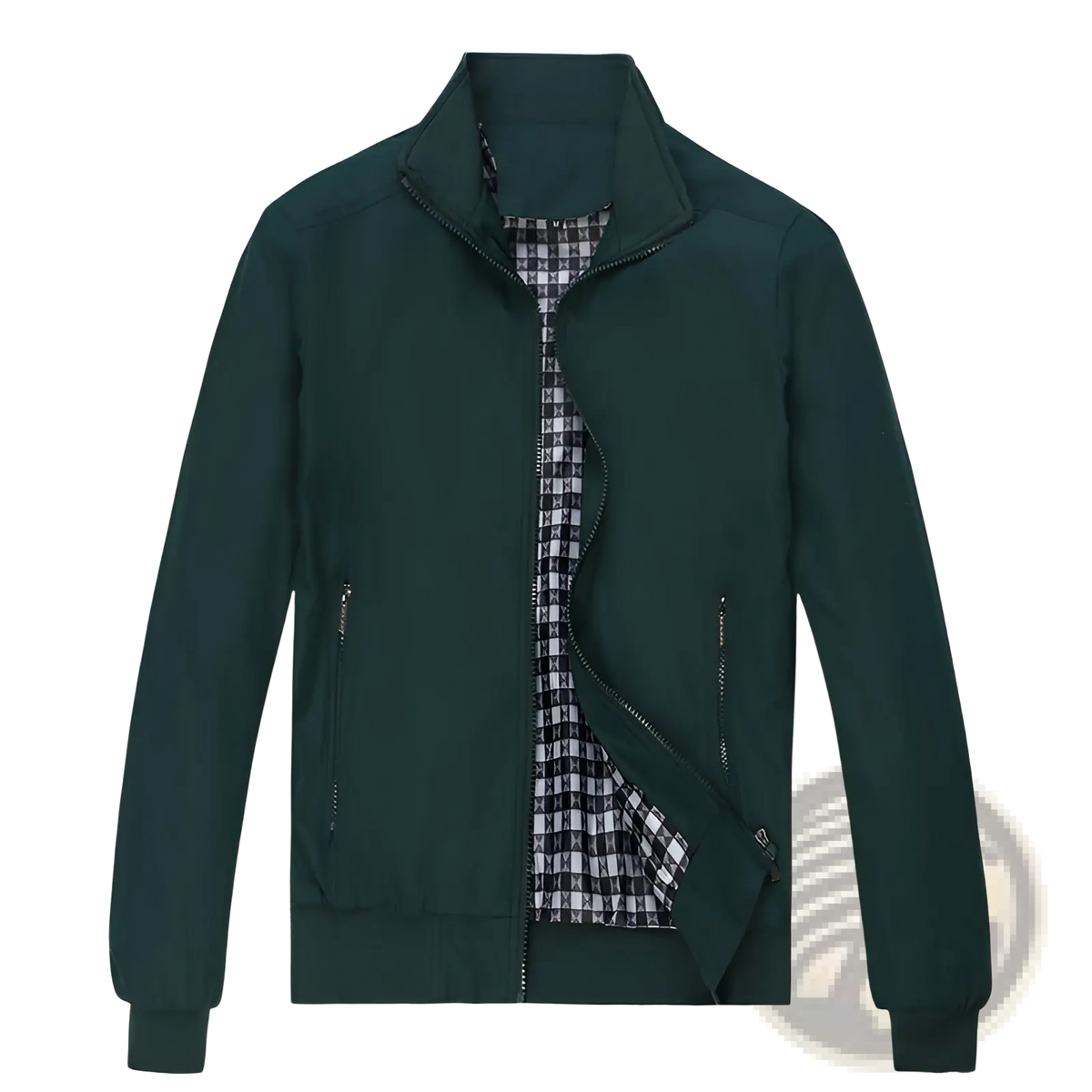 Men lightweight dark green bomber jacket with high collar, zipper front, and black-and-white checkered lining
