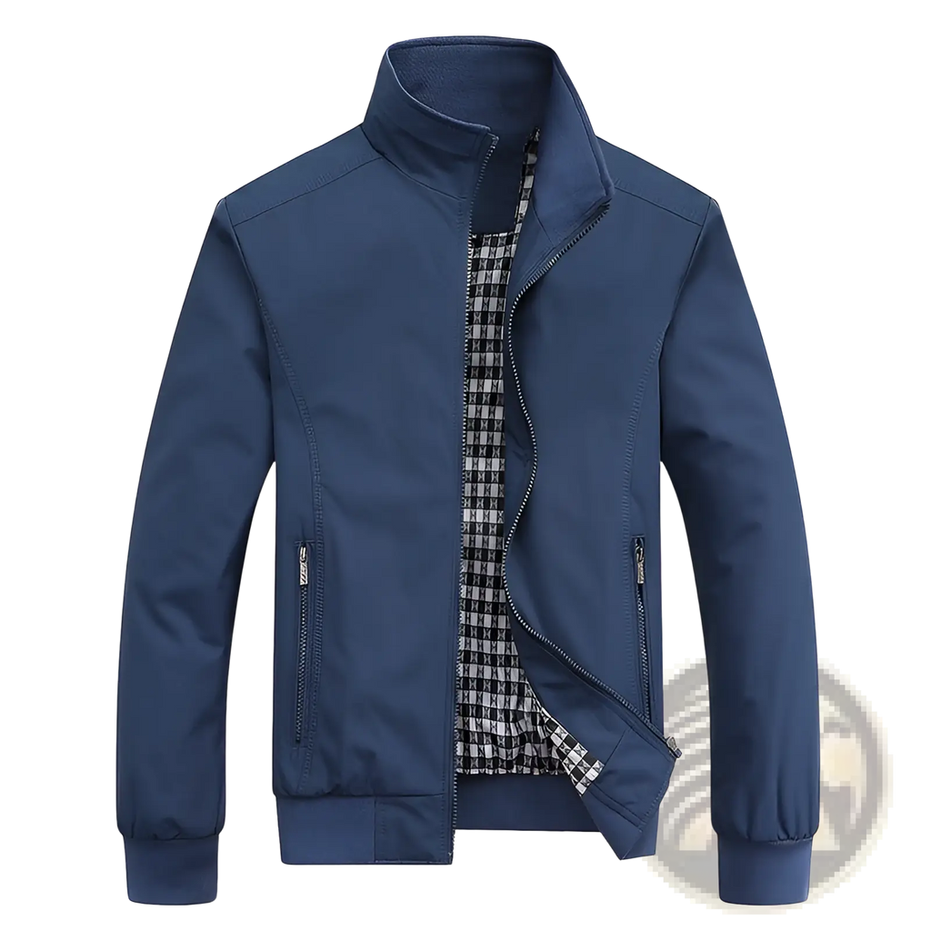 Navy blue men lightweight bomber jacket with zipper and checkered plaid lining featuring a high collar