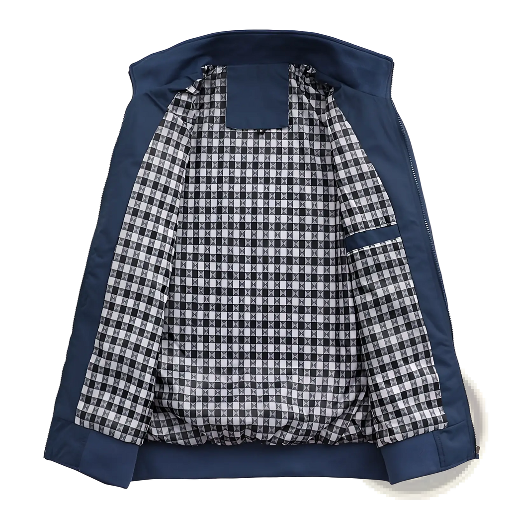 Men lightweight bomber jacket in navy blue with zipper and black and white checkered interior plaid lining