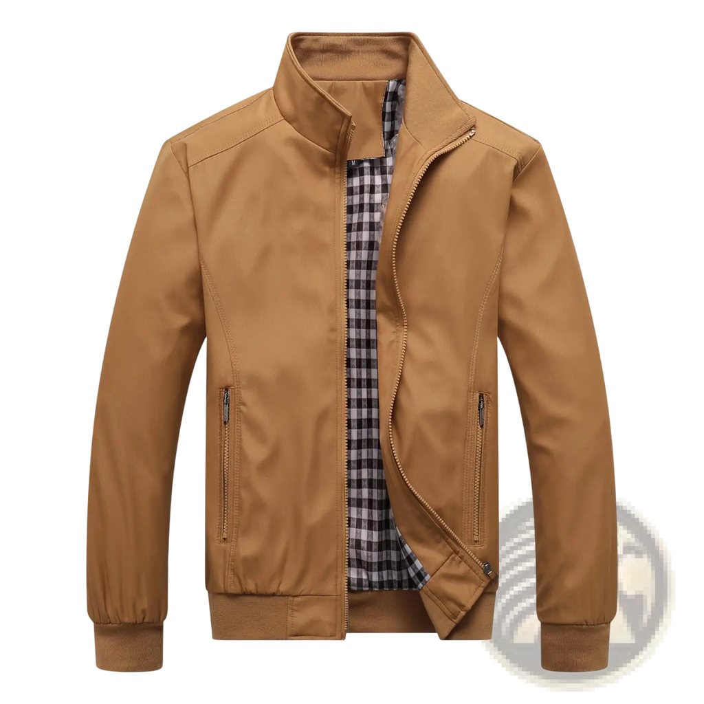 Men lightweight tan nylon bomber jacket with zipper and black and white checkered plaid lining
