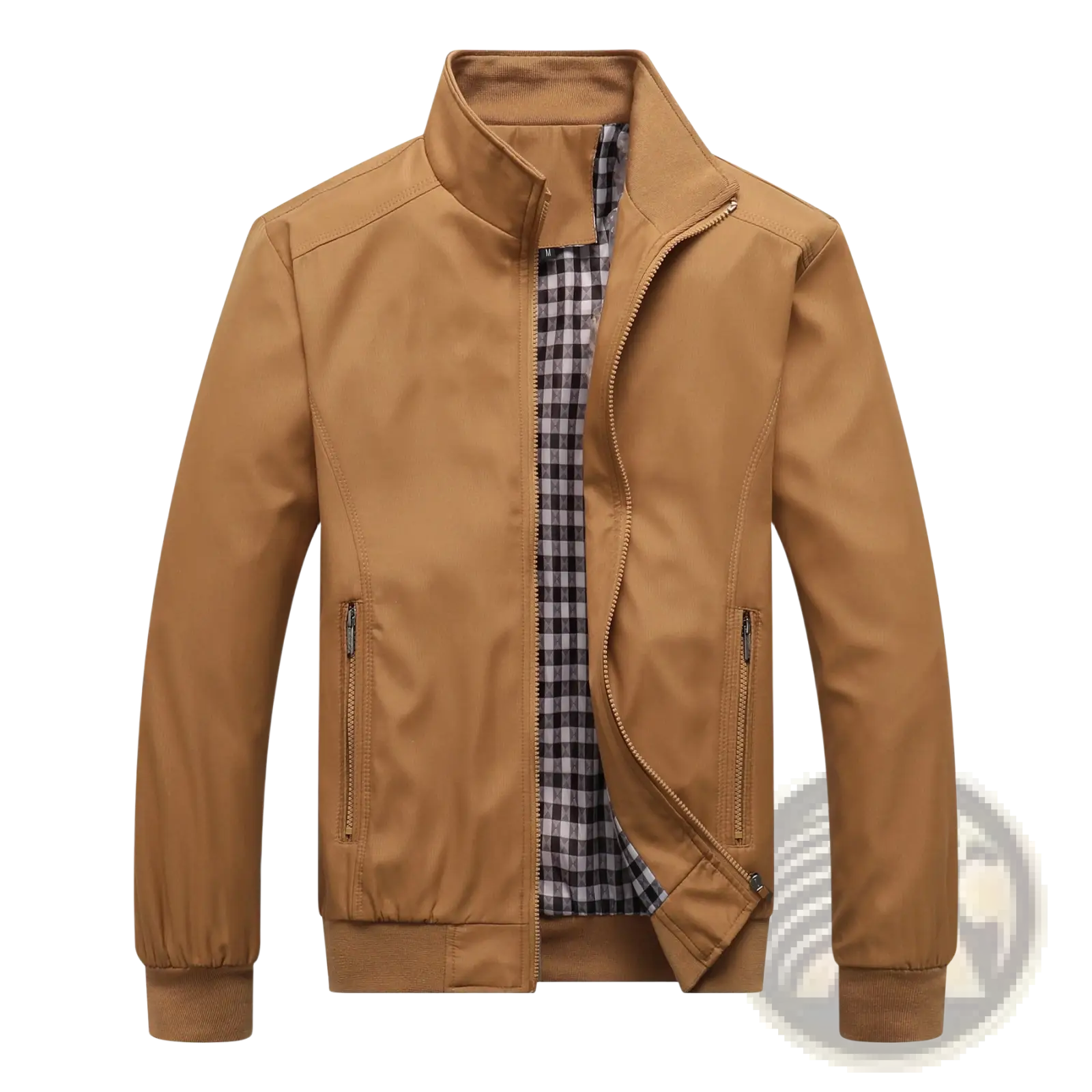 Men lightweight tan nylon bomber jacket with zipper and black and white checkered plaid lining