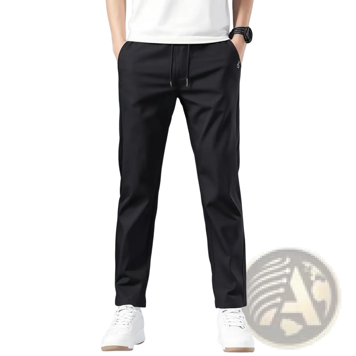 Men lightweight casual trousers black slim-fit jogger pants with drawstring waist and subtle side stripe detailing