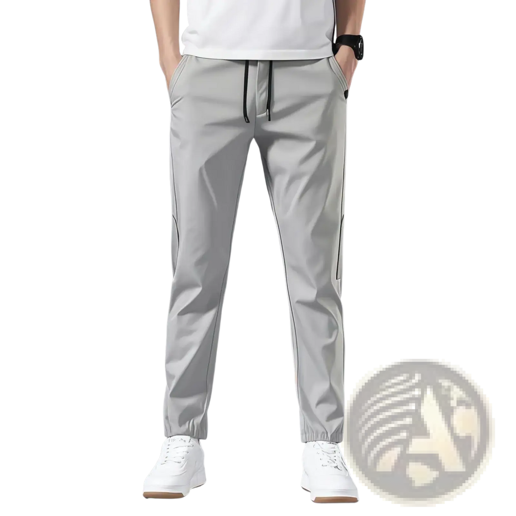 Men lightweight casual trousers in light gray with black drawstrings and side seam details for athleisure wear