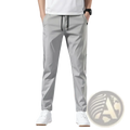 Men lightweight casual trousers in light gray with black drawstrings and side seam details for athleisure wear