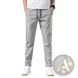 Men lightweight casual trousers in light gray with black drawstrings and side seam details for athleisure wear