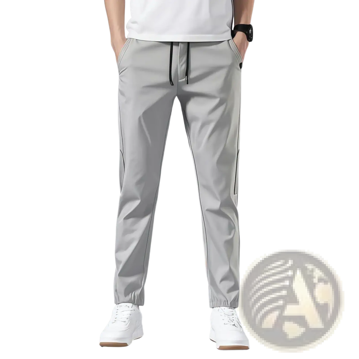 Men lightweight casual trousers in light gray with black drawstrings and side seam details for athleisure wear